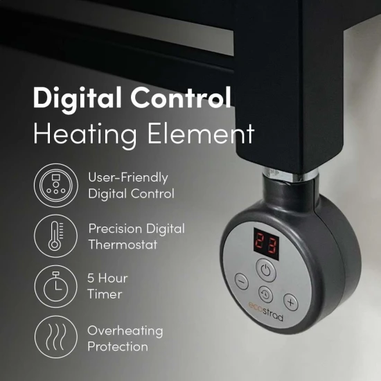 Ecostrad Fina-E Thermostatic Electric Towel Rail – Black 300w (500 X 1100mm) 7 Ecostrad Fina-E Thermostatic Electric Towel Rail – Black 300w (500 X 1100mm) - Image 5