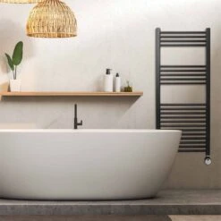 Ecostrad Fina-E Thermostatic Electric Towel Rail - Black 400w (500 X 1200mm) 10 Ecostrad Fina-E Thermostatic Electric Towel Rail - Black 400w (500 X 1200mm) -Astral Moda Shop fina e thermostatic 500x1200 lifestyle 1