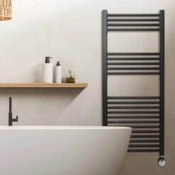 Ecostrad Fina-E Thermostatic Electric Towel Rails - Black -Astral Moda Shop fina e thermostatic 500x1200 lifestyle 2 1
