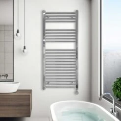 Ecostrad Fina-E Thermostatic Electric Towel Rail - Chrome 300w (500 X 1100mm) -Astral Moda Shop fina e 1100x500 fe t 30 c lifestyle