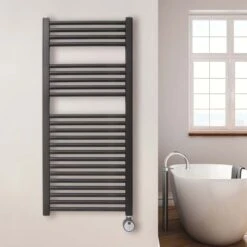 Ecostrad Fina-E Thermostatic Electric Towel Rails - Black -Astral Moda Shop fina e thermostatic 500x1100mm black 300w lifestyle 2 1