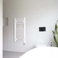 Ecostrad Fina-E Thermostatic Electric Towel Rail - White 200w (400 X 700mm) -Astral Moda Shop fina e white angle 150w thermostatic lifestyle 2