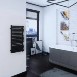 Terma Quadrus Bold ONE Designer Electric Towel Rail - Black 600w (450 X 870mm) -Astral Moda Shop quadrus bold one 870x450 metallic black lifestyle 3