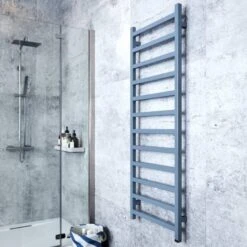 Terma Simple ONE Designer Electric Towel Rail - Blue 600w (500 X 1440mm) -Astral Moda Shop simple one 1440x500 pigeon blue lifestyle 2